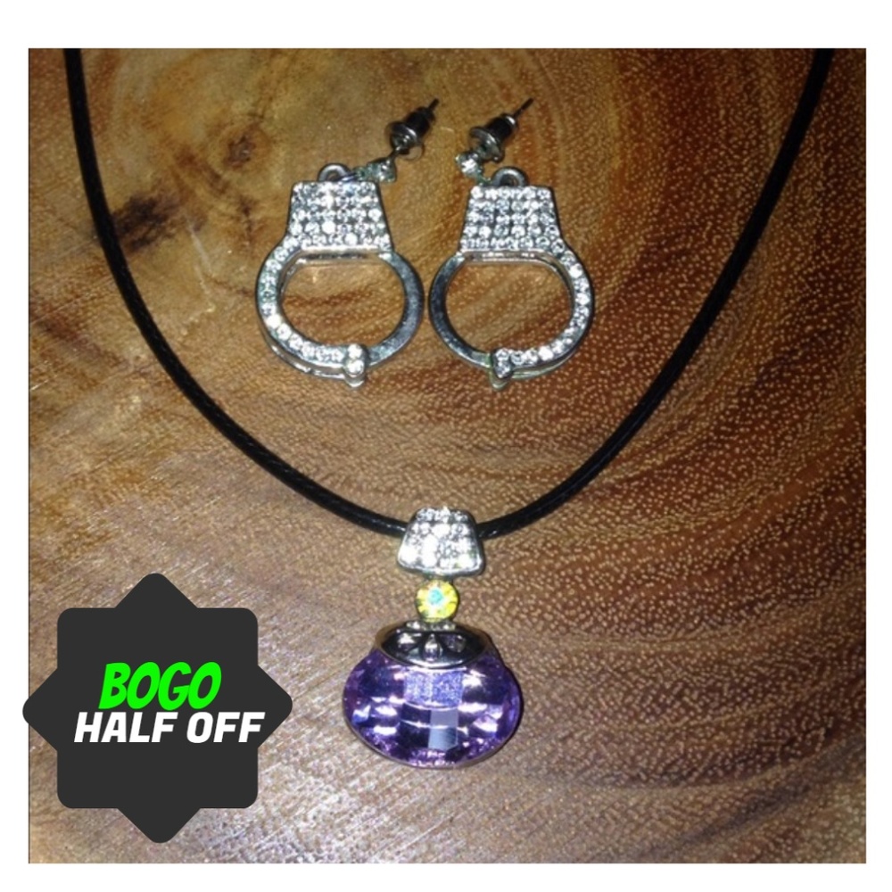 CLEARANCE  HANDCUFF EARRINGS W/ PURPLE NECKLACE